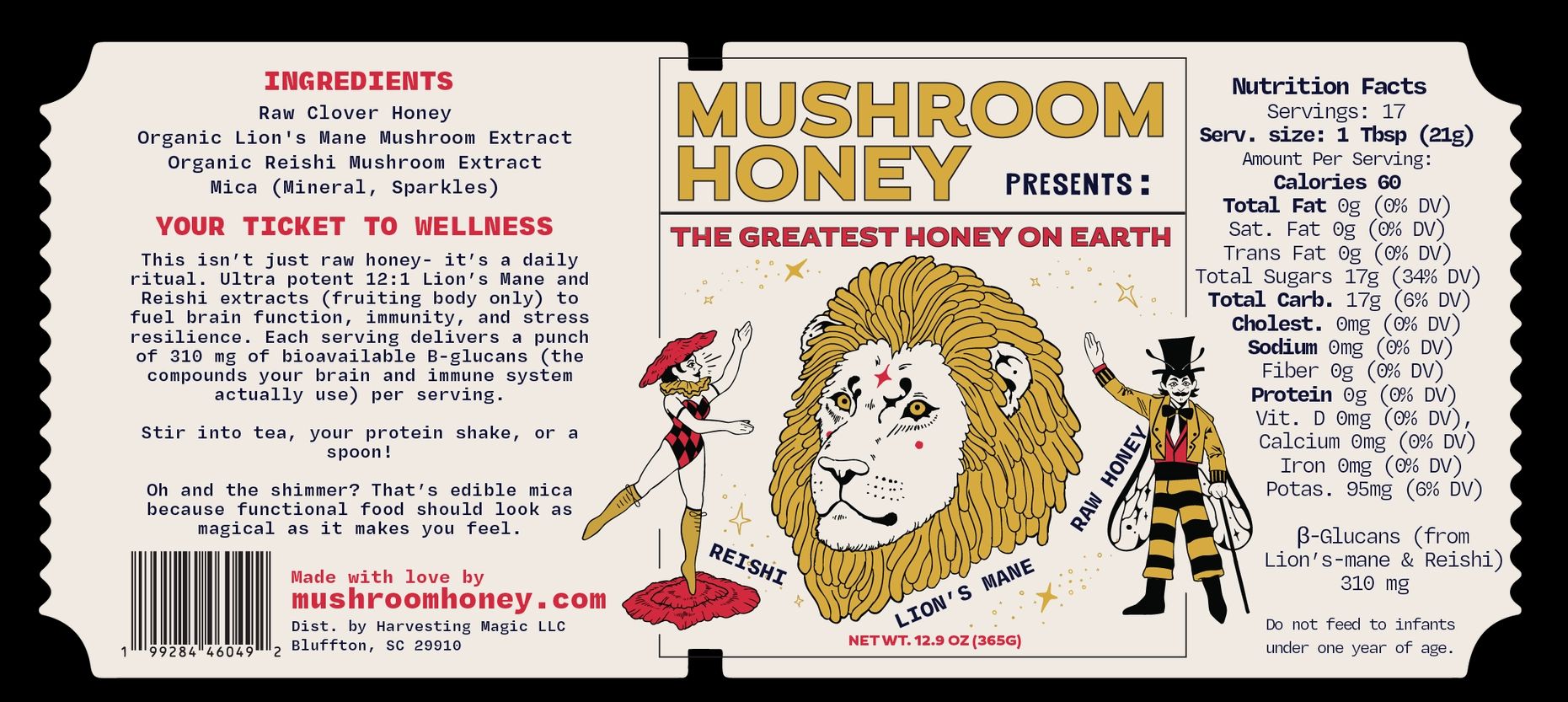 The full Mushroom Honey label: ingredients (raw clover honey, organic Lion's Mane and Reishi extracts, mica), 12:1 fruiting-body extracts, 310 mg β-glucans per serving, and a nutrition facts panel